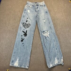 Playboy by PacSun Super Distressed Baggy Wide Leg Jeans Size 23 Button Fly Bunny